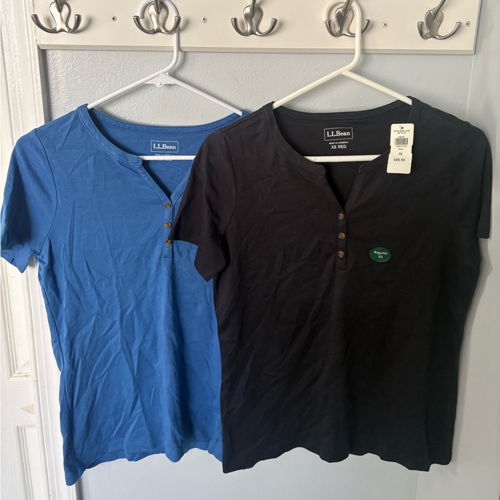 L.L. Bean Black (NEW) and Blue (like new) Henley Shirts Buttons 100% Cotton XS